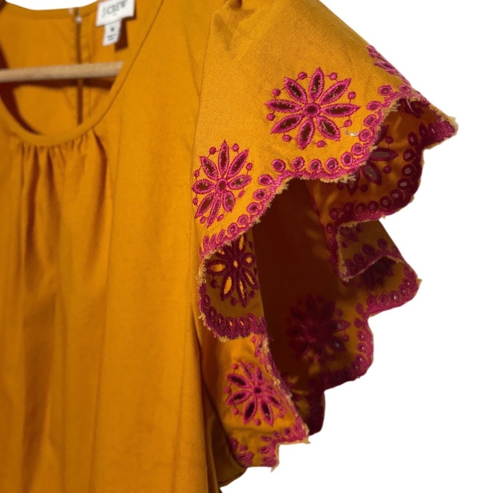 J. Crew Embroidered Flutter Sleeve Blouse Stretch Cotton Poplin Rough Amber Sz M - Picture 2 of 8